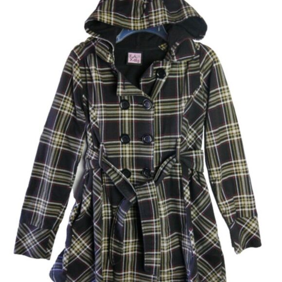 L.A. Kitty Womens Size L Brown Plaid Hooded Button Up Belted Jacket - Picture 1 of 10